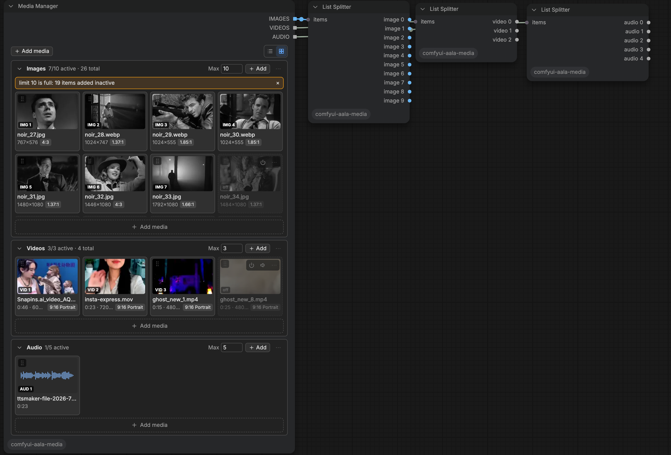 Media Manager with three List Splitters for images, videos and audio