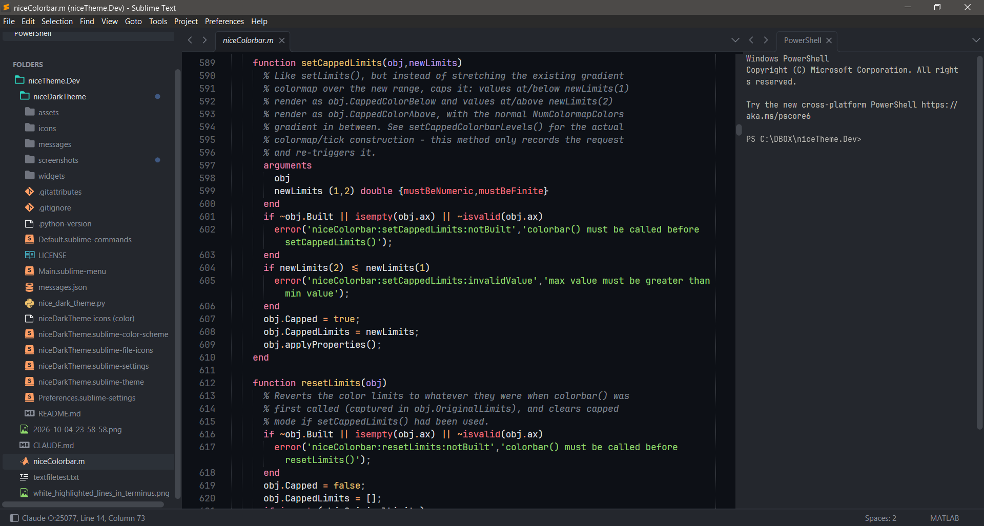 niceDarkTheme with the terminal on the right