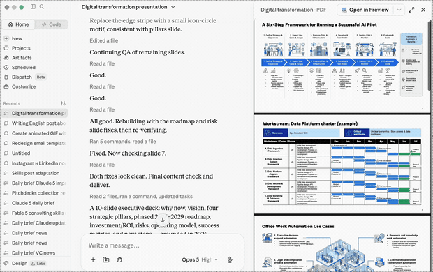 Oria building a CEO-ready document inside Claude from a text prompt