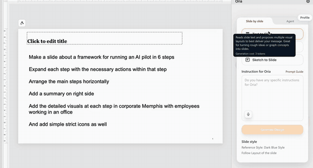 Oria generating a professional slide inside PowerPoint from a text prompt