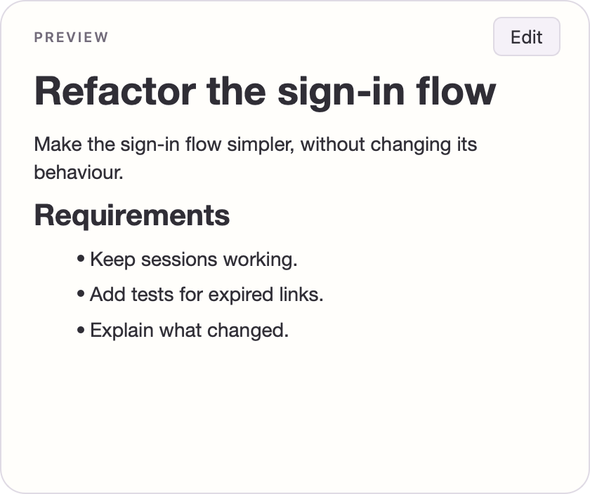 Native Markdown preview with a visible Edit button