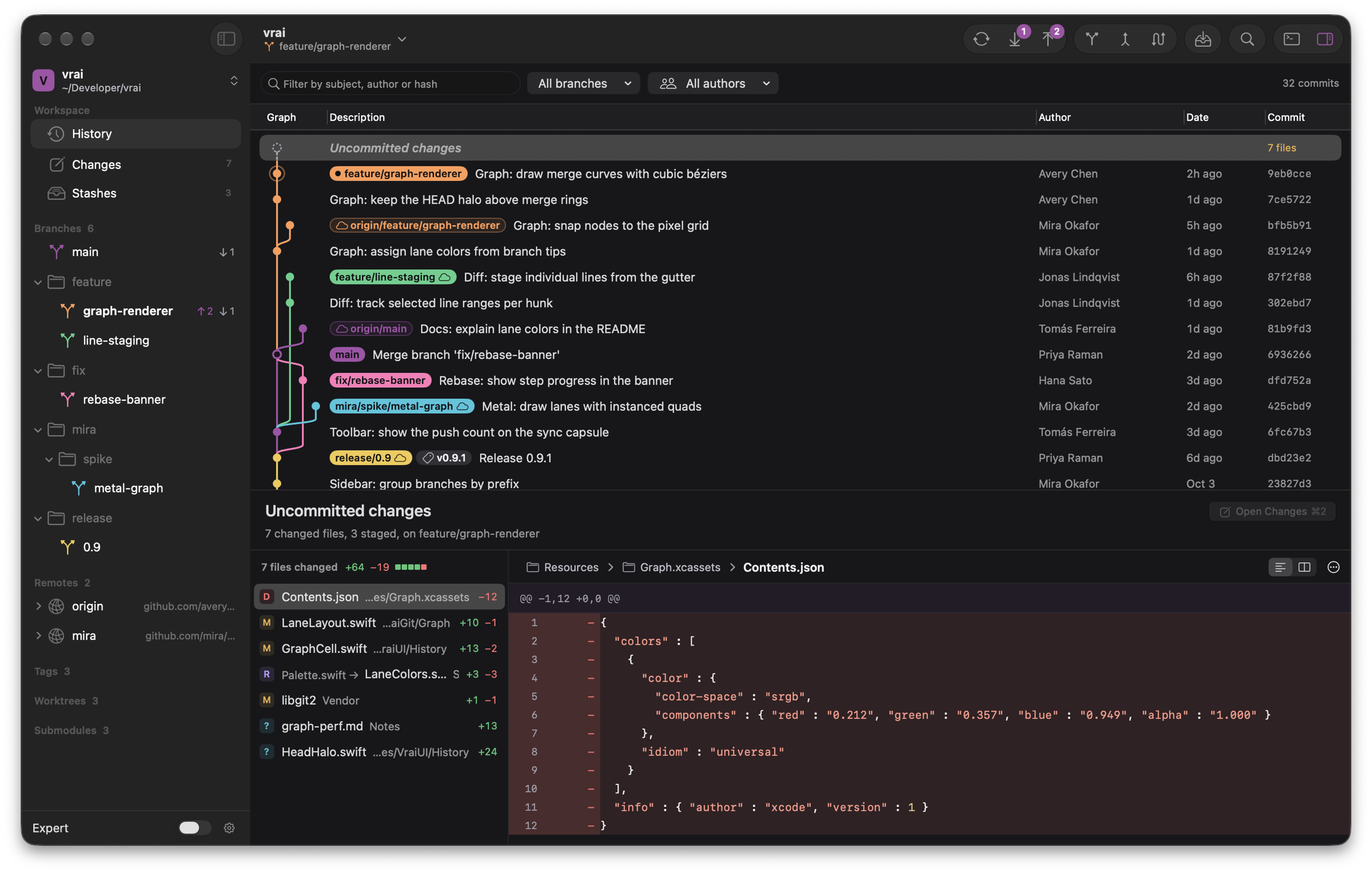 Vrai showing a commit graph with several branches, the sidebar and a diff