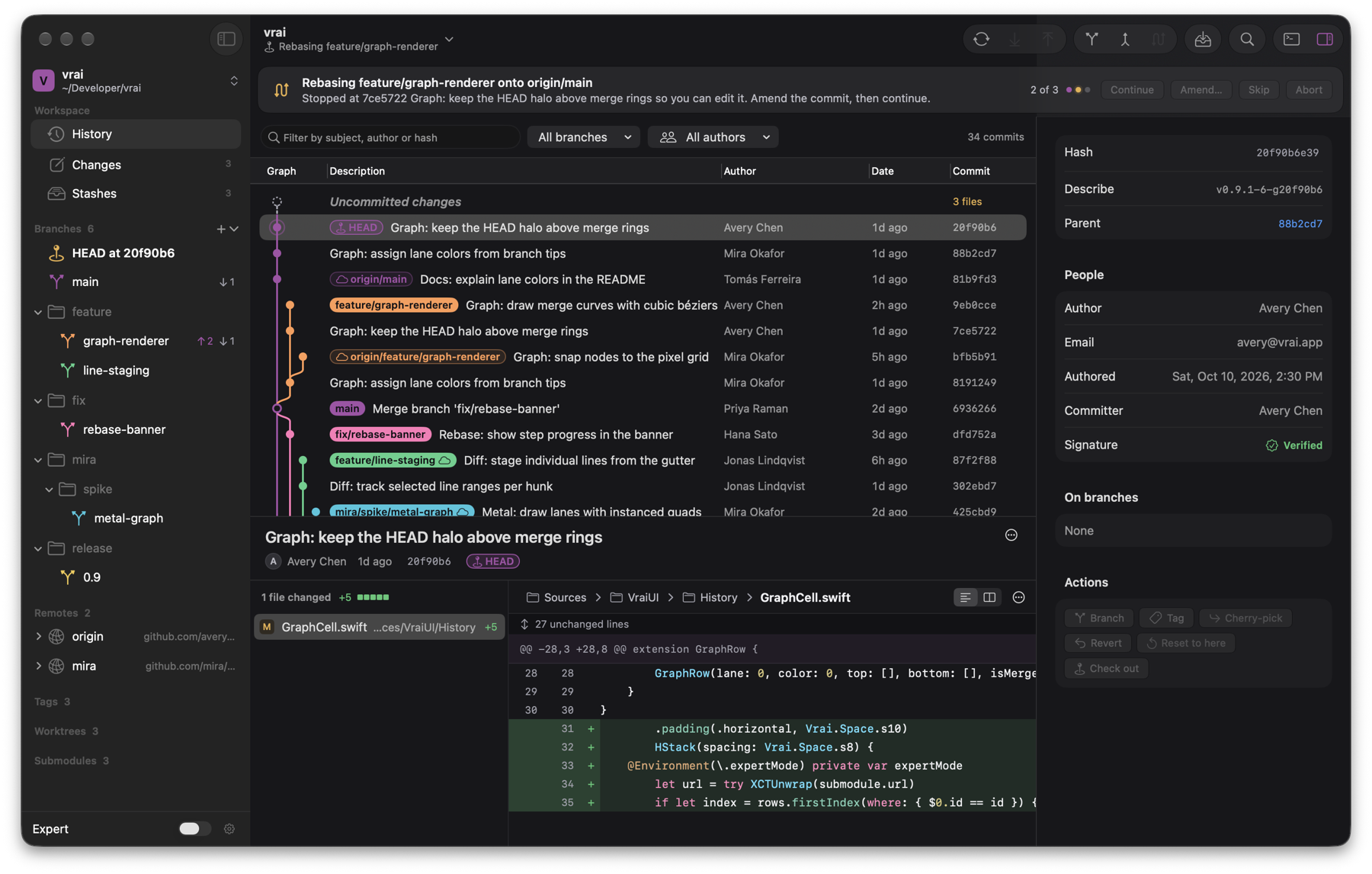 An interactive rebase paused on a commit, with step progress and the inspector open