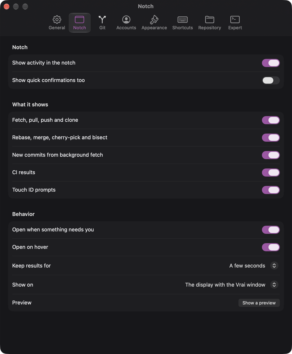The Notch pane in Settings