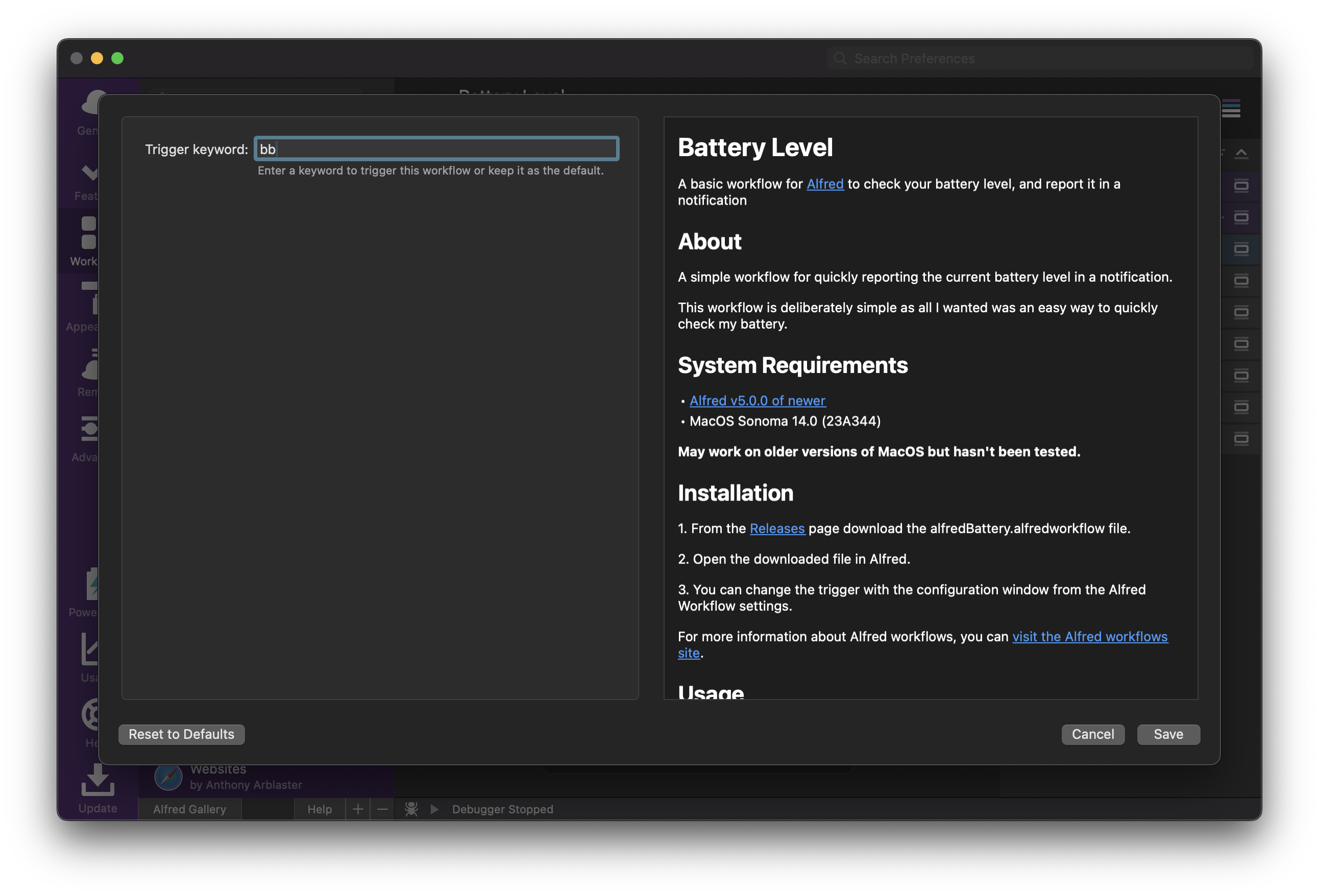 Screenshot of the workflow configuration pop up.