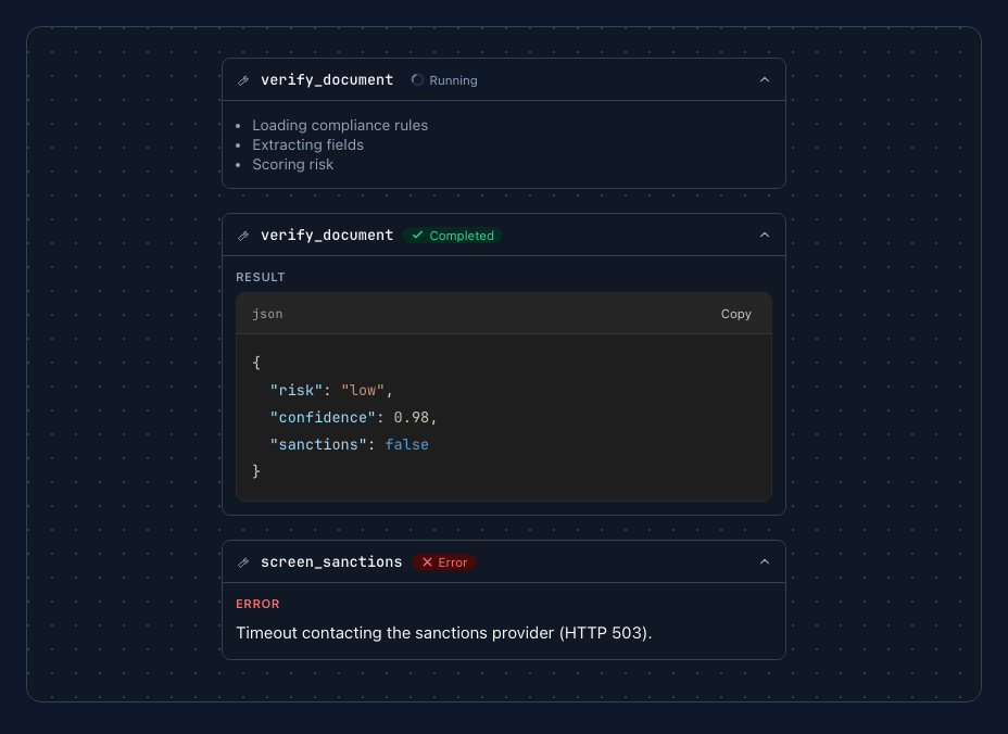agt-tool-call in its three states: running with steps, completed with a JSON result, and error