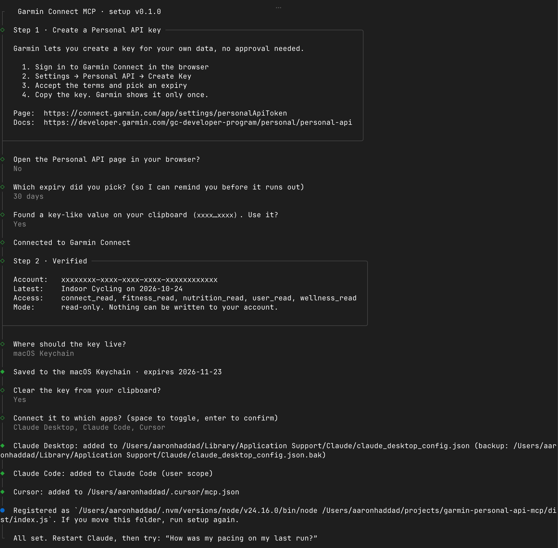 The setup wizard: create a key, verify it with Garmin, save it to the Keychain and connect Claude Desktop, Claude Code and Cursor