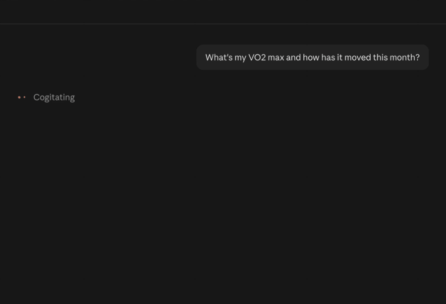 Claude Desktop answering "What's my VO2 max and how has it moved this month?" with Garmin's VO2 max readings from the extension
