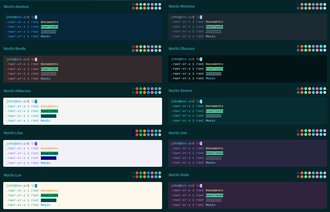 Screenshot showing all the variations of the Noctis color scheme.