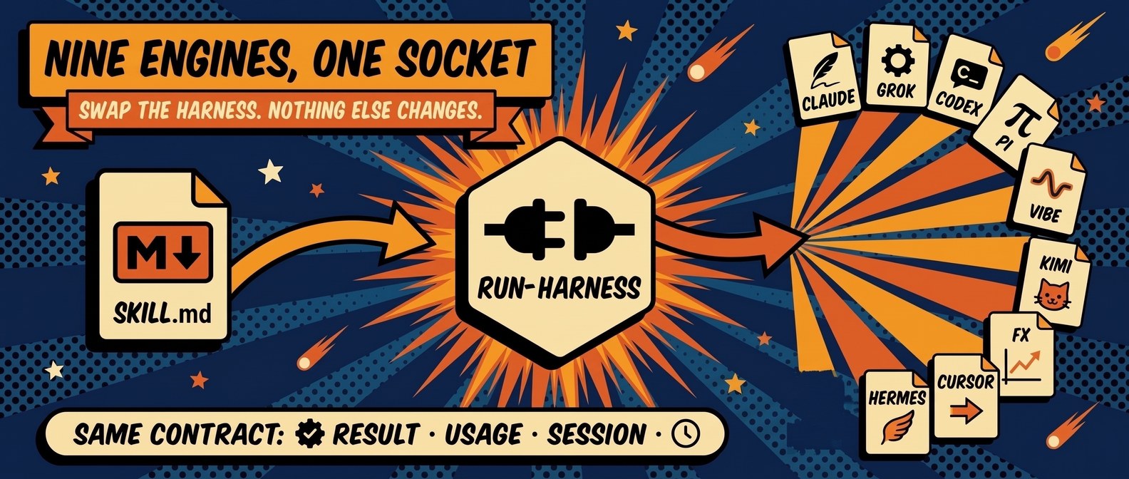 Six engines, one socket - a SKILL.md flows through run-harness into any of six agent CLIs: Claude, Grok, Codex, Pi, Vibe, and Kimi. Every harness honors the same contract: result, usage, session.