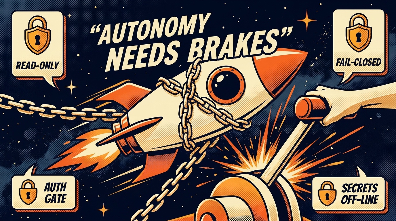 Autonomy needs brakes — four safety brakes on by default or one flag away: read-only skills can't touch the repo, irreversible actions fail closed, an optional auth gate approves every run, and secrets stay off the command line.