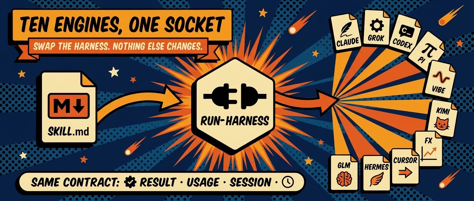 Nine engines, one socket - a SKILL.md flows through run-harness into any of nine agent CLIs: Claude, Grok, Codex, Pi, Vibe, Kimi, fx, Cursor, Hermes. Every harness honors the same contract: result, usage, session.