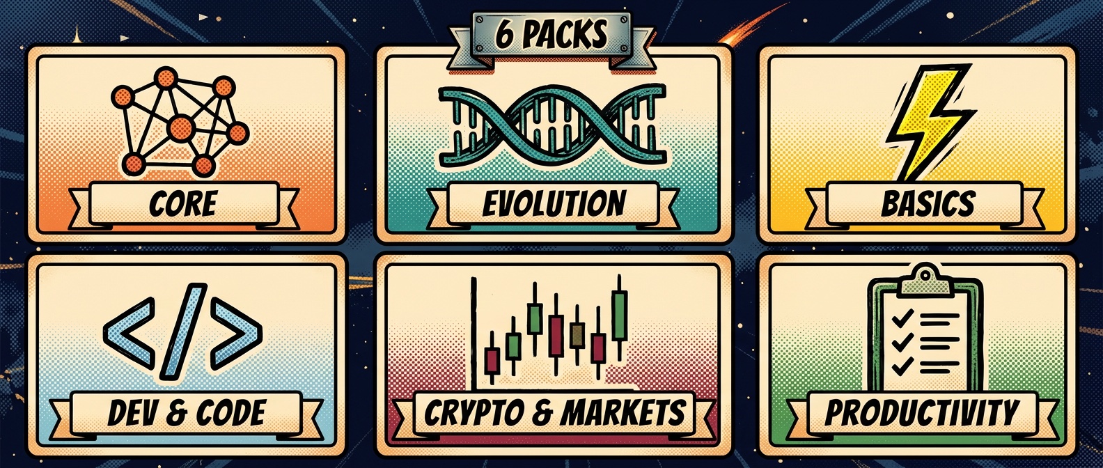 Six skill packs, 60+ skills total: Core (fleet coordination, self-config, liveness), Evolution (authors and heals its own skills), Basics (simple runnable skills), Dev & Code, Crypto & Markets, and Productivity.