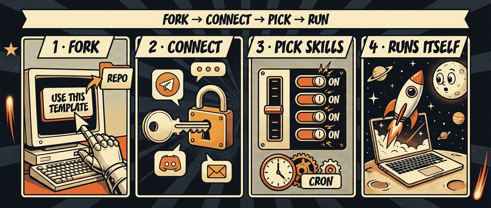 Quick start in four steps: 1 Fork - Use this template to get your own repo copy. 2 Connect - add a Telegram, Discord, Slack, or email channel. 3 Pick skills - toggle skills on and set their cron schedule. 4 Runs itself - Aeon runs unattended on GitHub Actions.