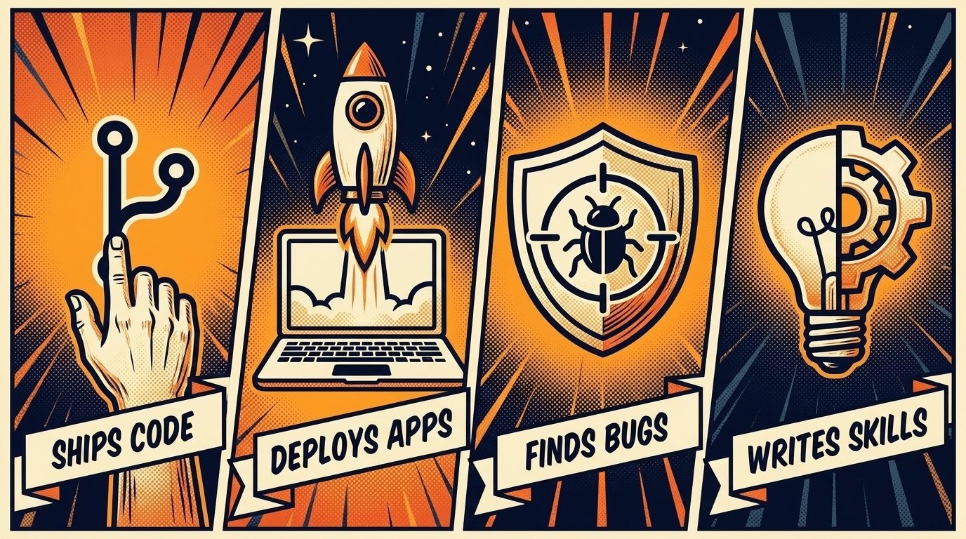 It ships real work — four things Aeon does end to end: ships code (PRs to your repos), deploys apps (live to Vercel), finds bugs (real vulnerabilities, privately disclosed), and writes skills (new capabilities from a sentence).