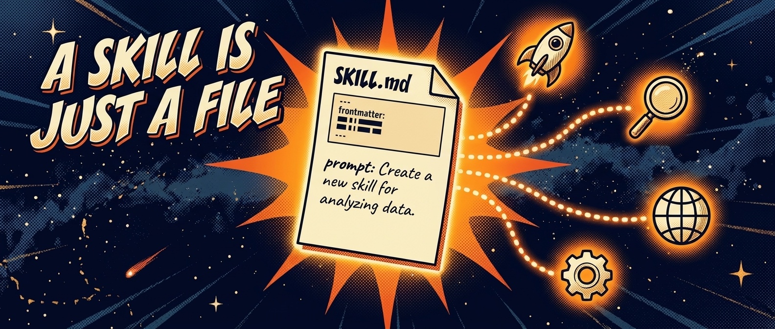 A skill is just a file — an Aeon skill is a single SKILL.md: a small frontmatter block (title, category, status) then a plain-language prompt. That one file fans out into real capabilities: launch, deploy, web fetch, and search.