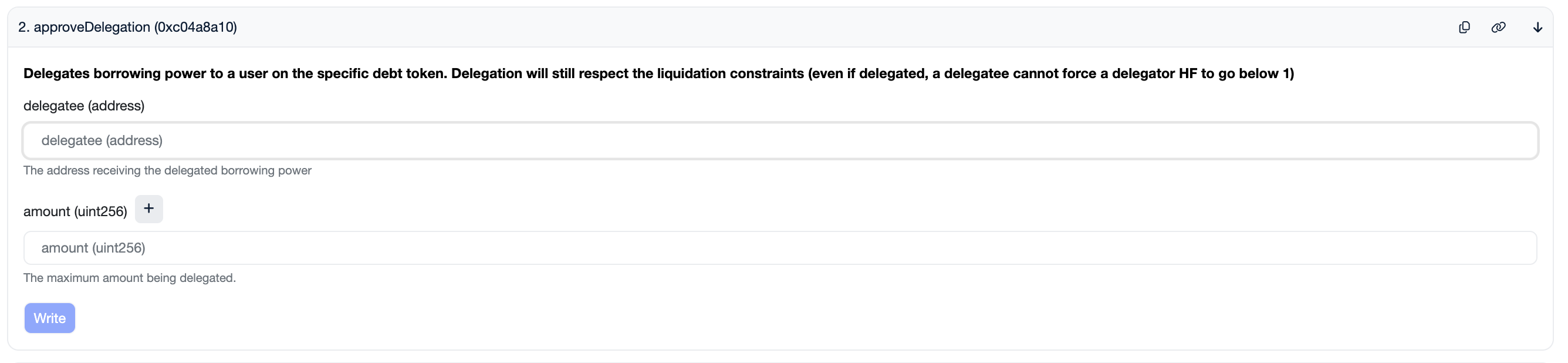 Calling approveDelegation on the block explorer