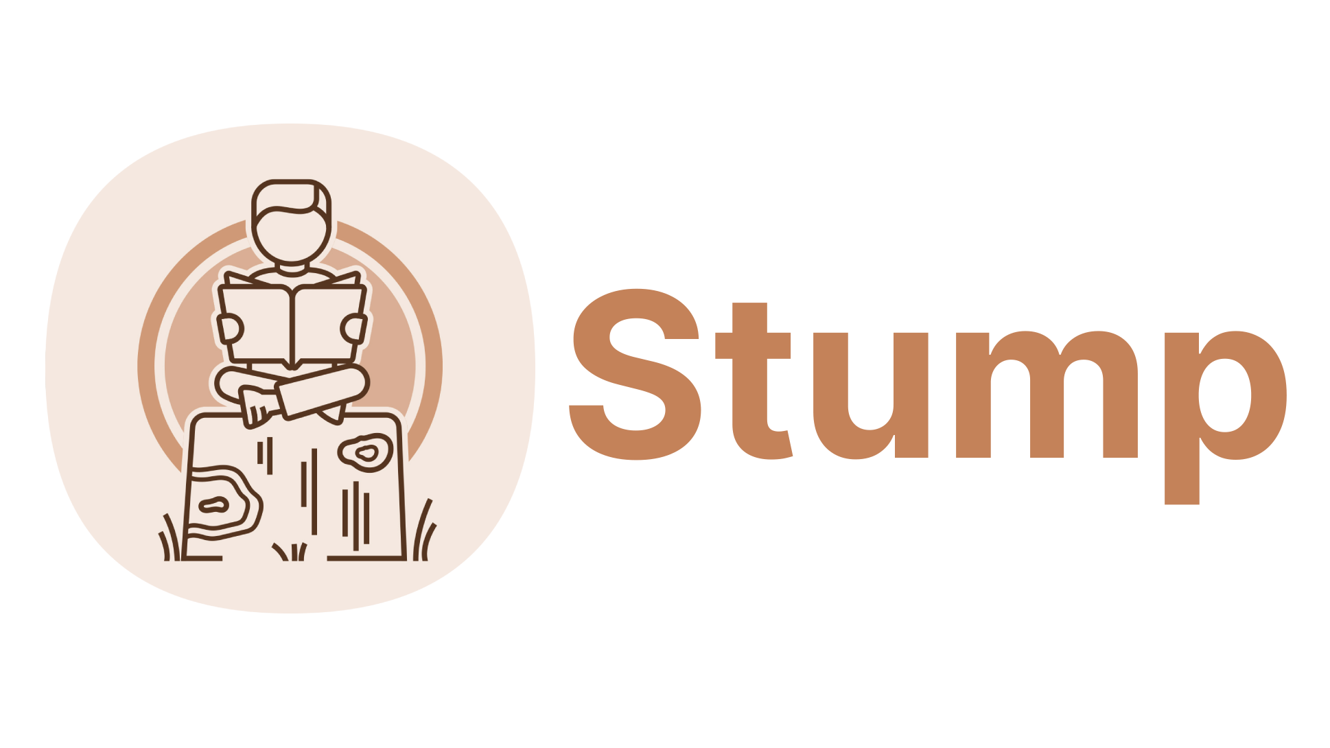 Stump's logo. Description: A young individual sitting on a tree stump reading a book. Inspired by Stump's creator's childhood, where a large amount of his time was spent sitting on a tree stump reading his comic books.