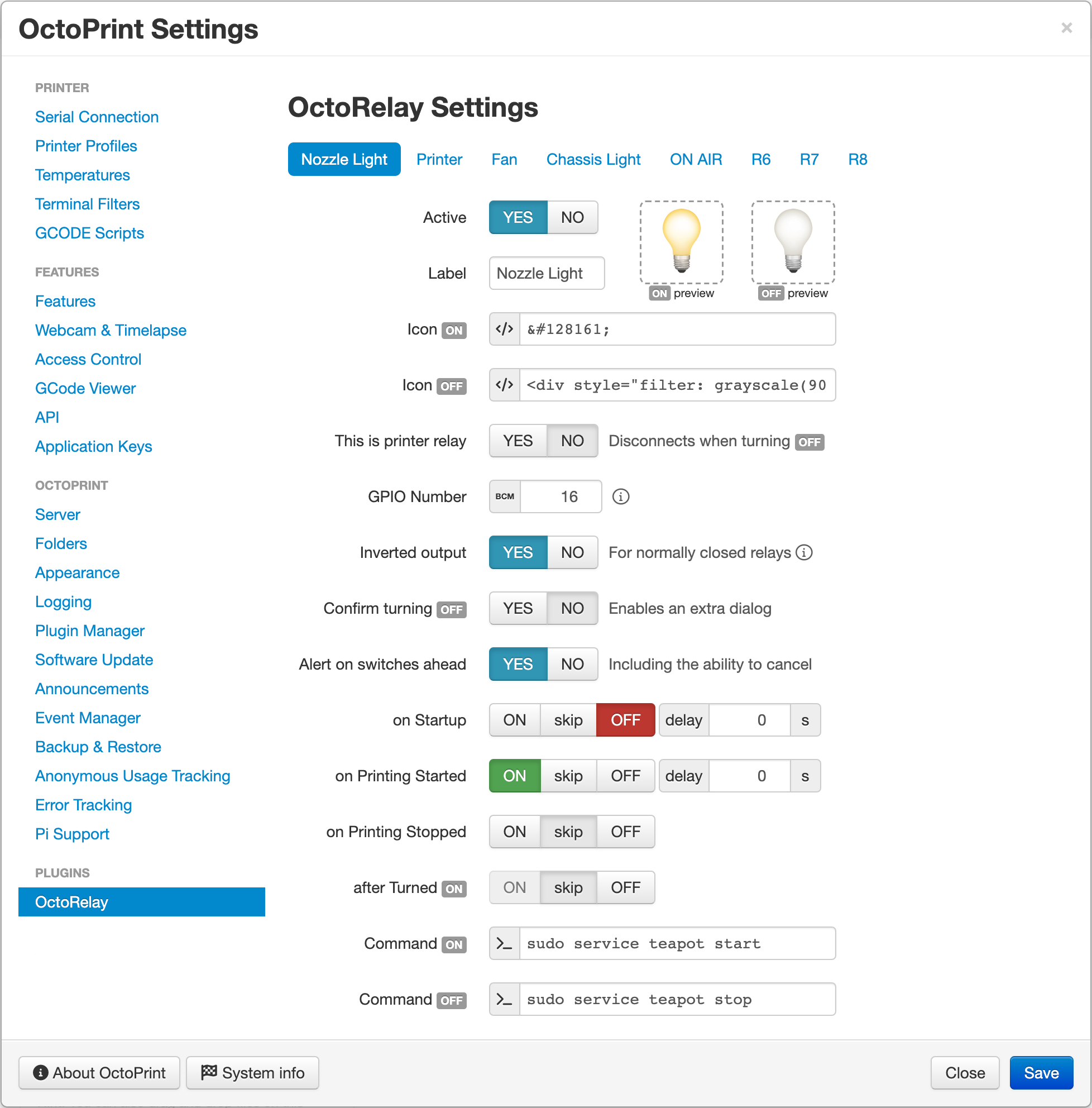 Settings panel