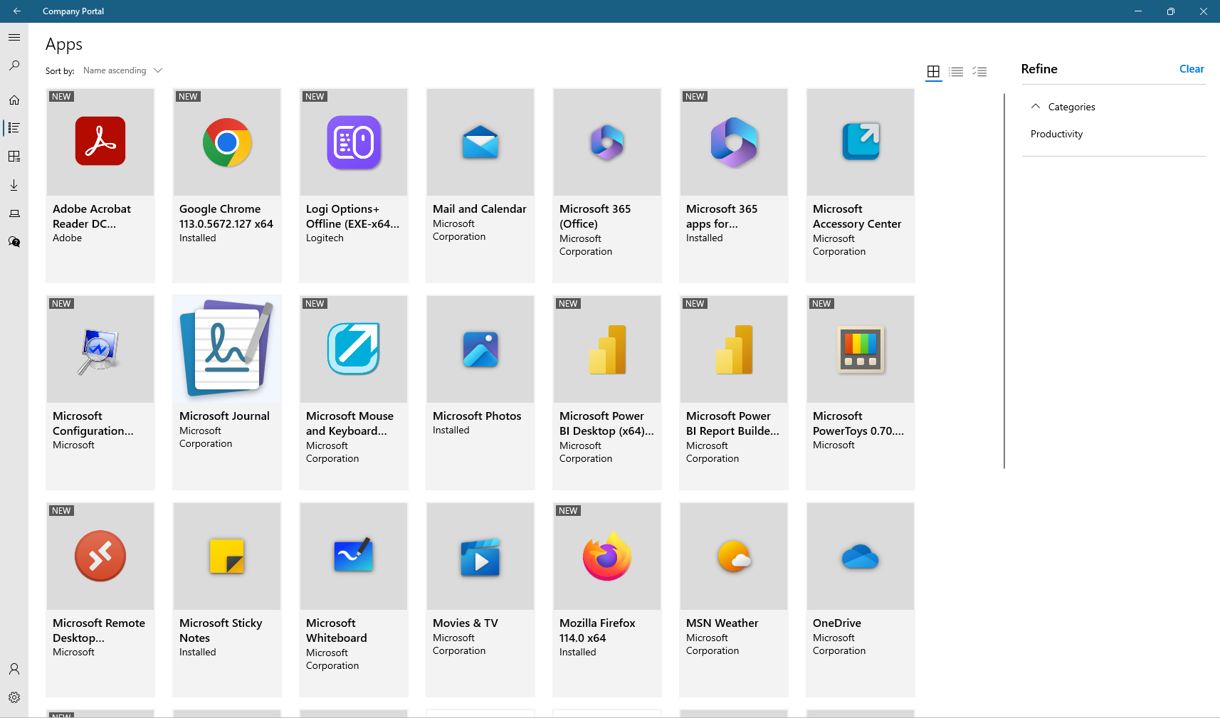 Company Portal app with application icons