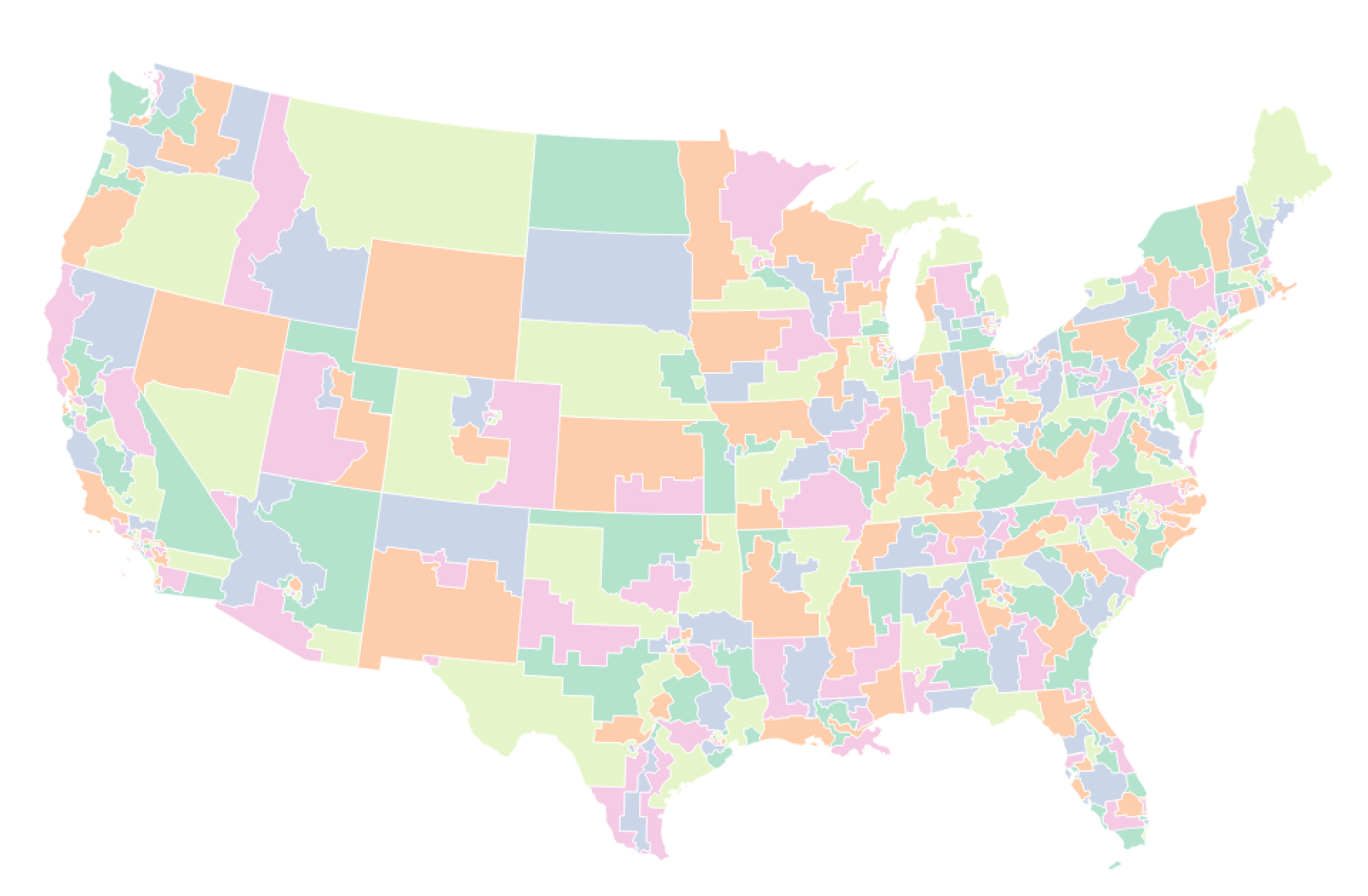 congressional districts in five colors