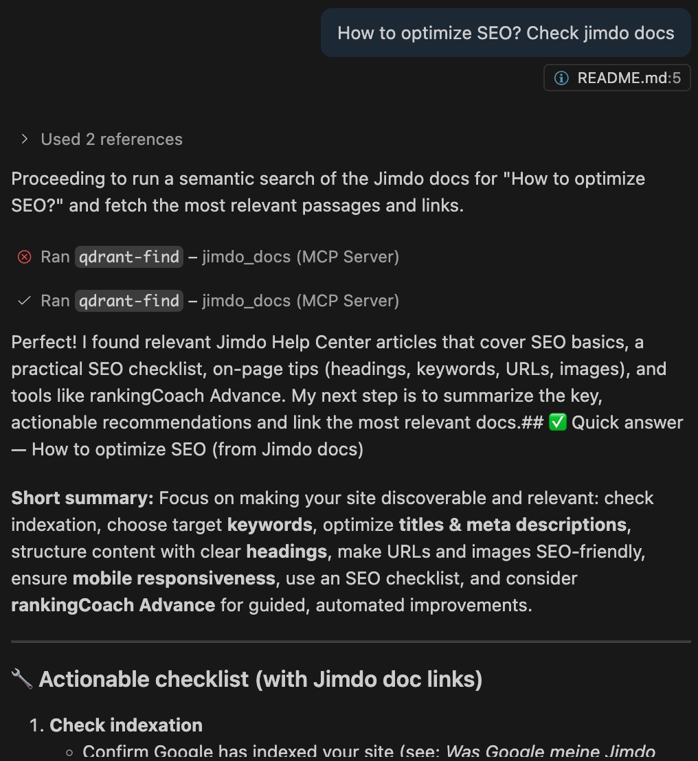 Qdrant Jimdo Docs MCP integration in VSCode