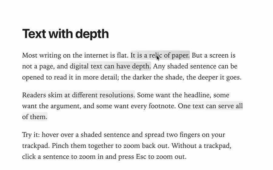 Pinching into a shaded sentence: it grows into the headline of its own page, then zooms back out