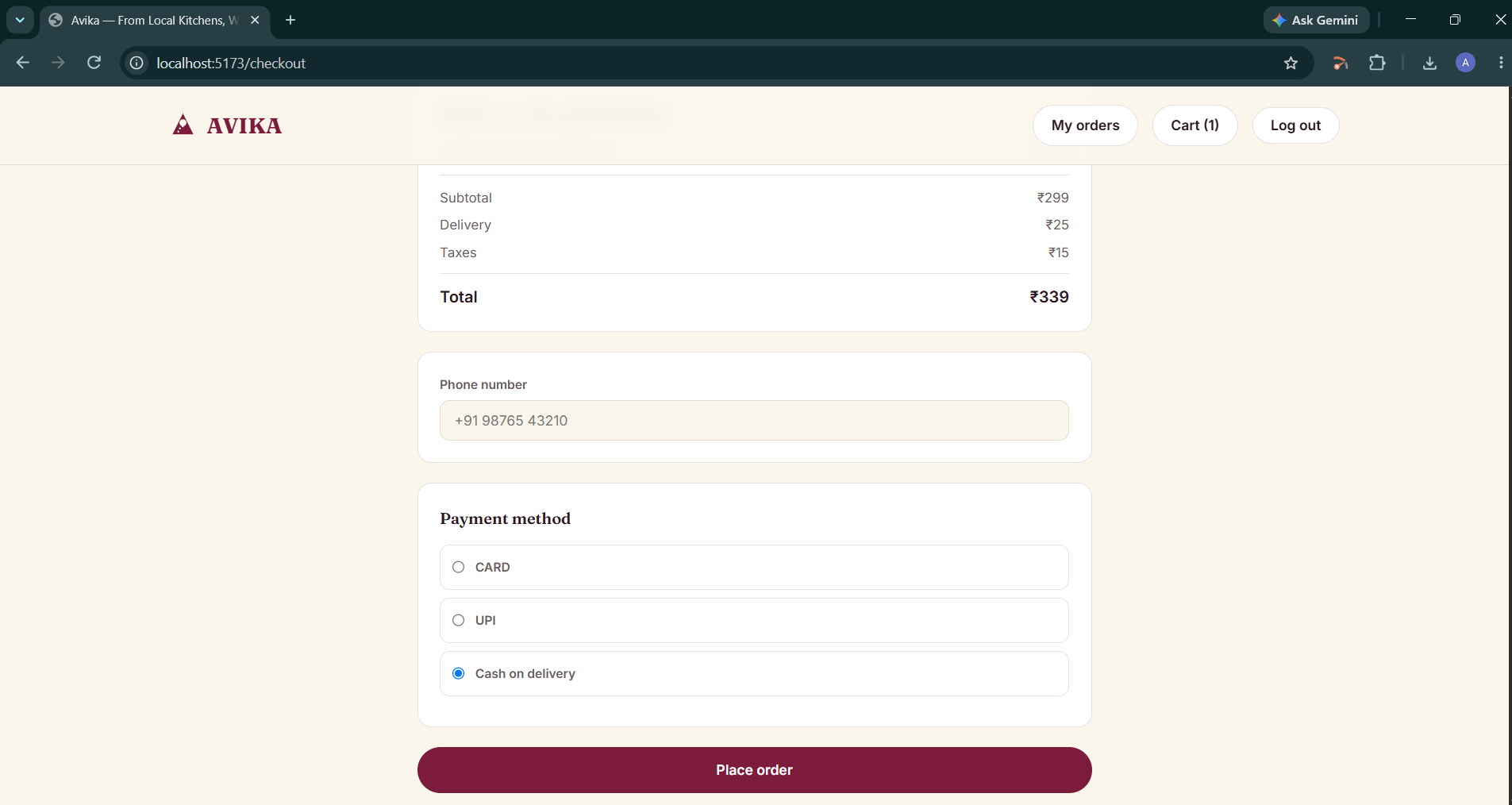 AVIKA customer checkout and payment