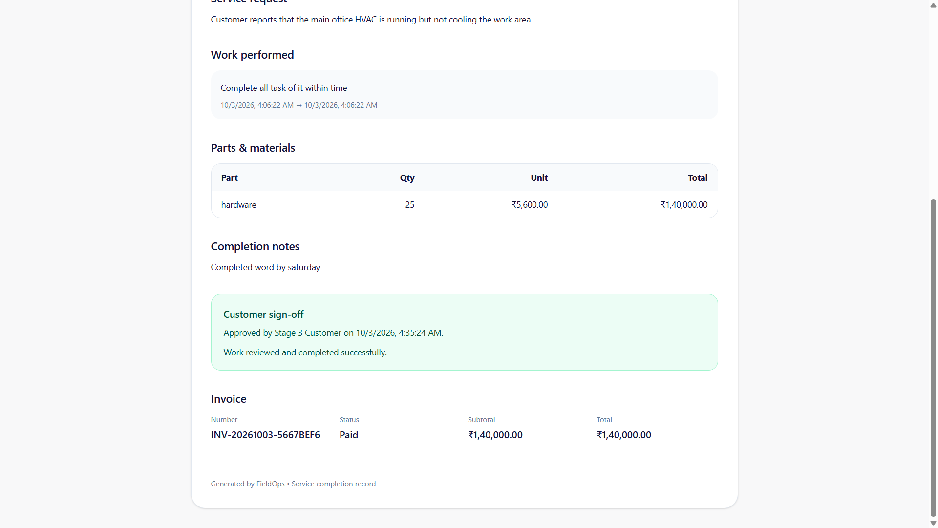 FieldOps service report screenshot