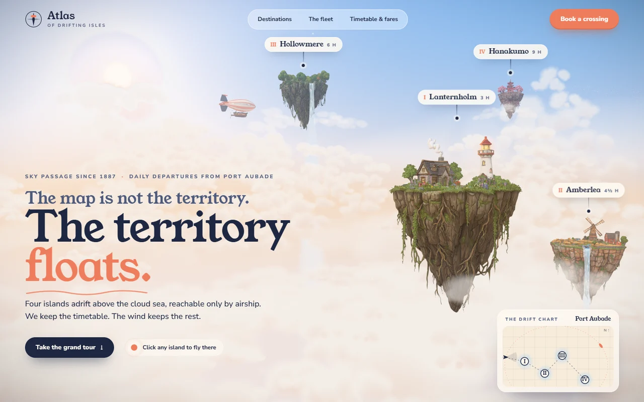 Atlas website with floating islands and an airship above clouds