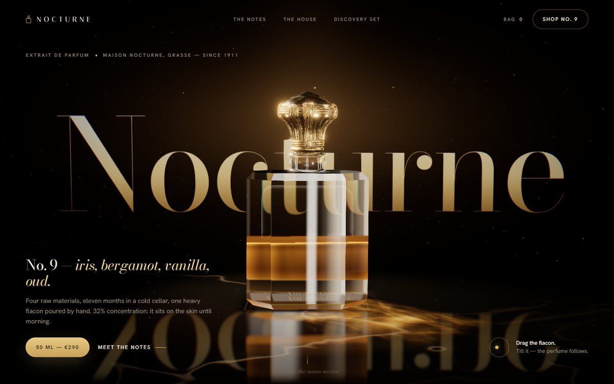Nocturne fragrance website with an illuminated perfume bottle