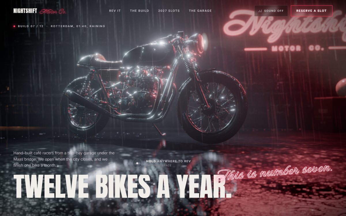 Nightshift Motor Co. website with a custom café racer