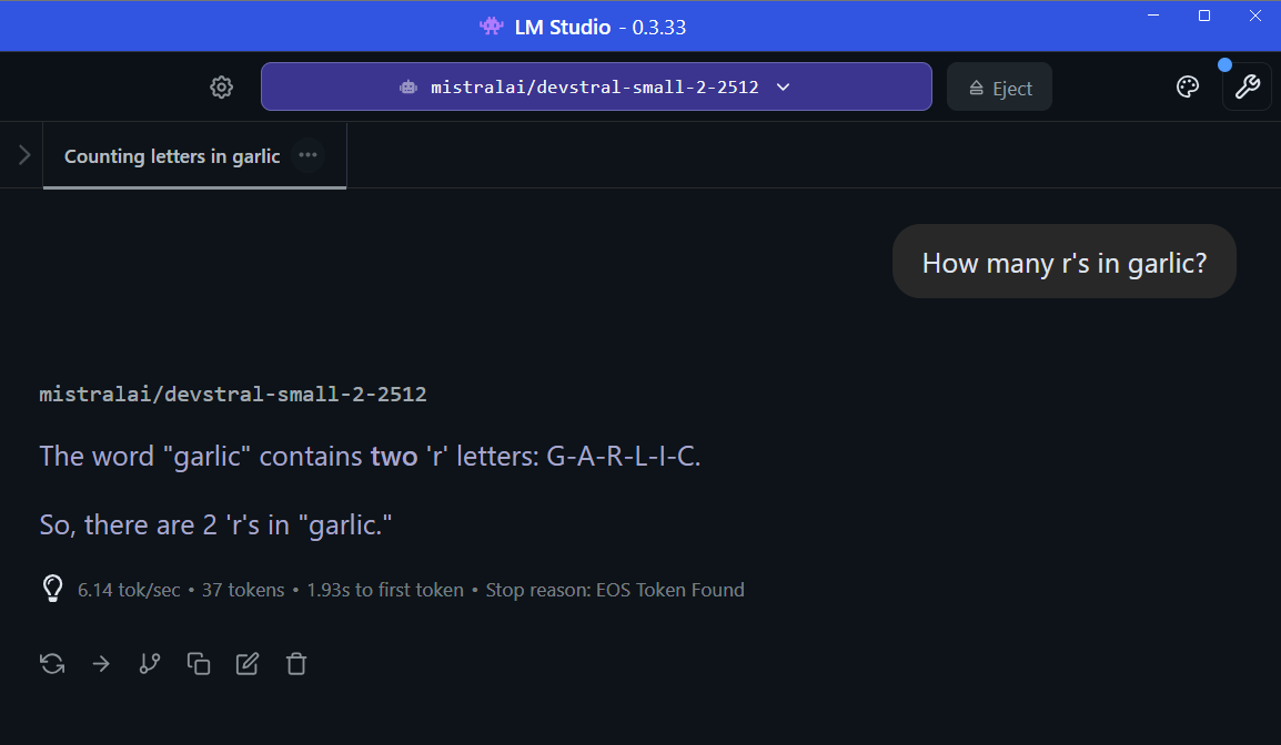Without MCP - incorrectly claims 2 r's in garlic