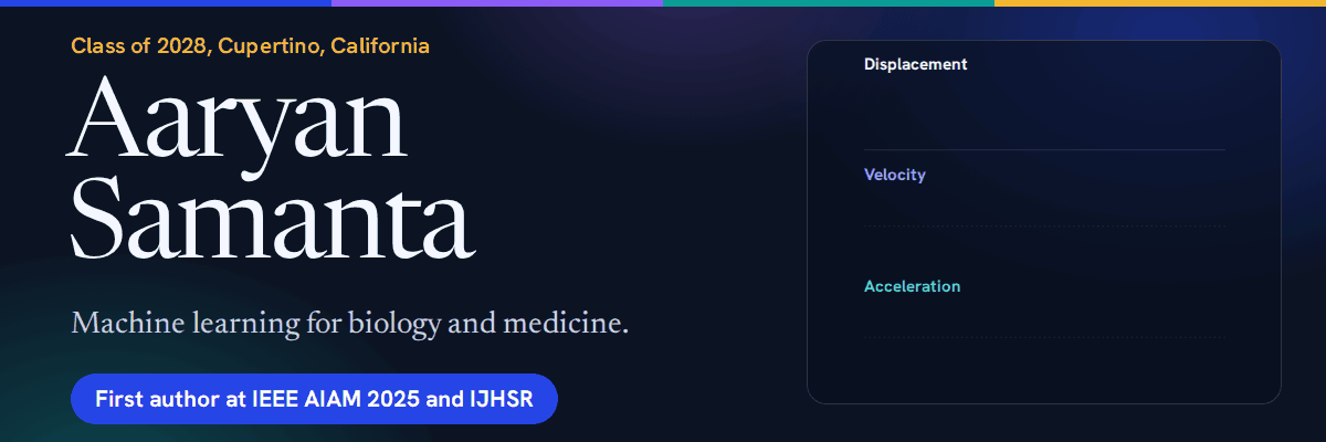 Aaryan Samanta. Machine learning for biology and medicine. An animated banner draws displacement, velocity and acceleration curves and reads their values.