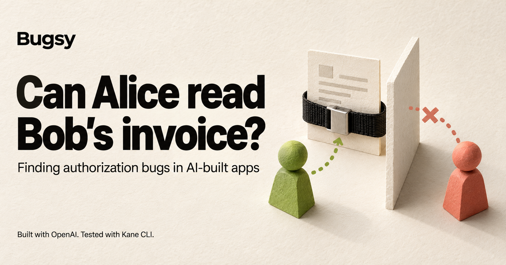Bugsy cover artwork: Can Alice read Bob's invoice? A buckled invoice beside green and coral figures separated by a wall.