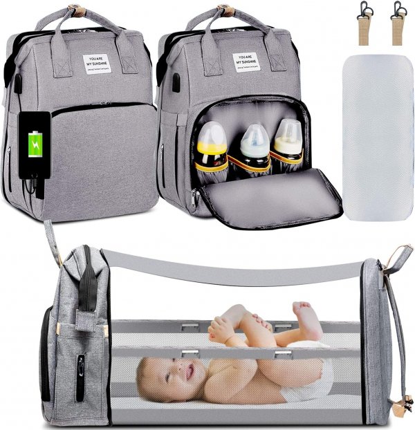 حقيبة ظهر للحفاضات وحقيبة تغيير الحفاضات وسرير قابل للطي محمول مع حصيرة تغيير وأشرطة للأب والأم