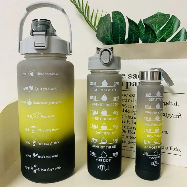 كوب ماء بلاستيكي سعة كبيرة مع صانع الوقت، غلاية مانعة للتسرب، أباريق اللياقة البدنية، وثيقة مطلية بالنيكل، الرياضة، 3 قطع لكل مجموعة