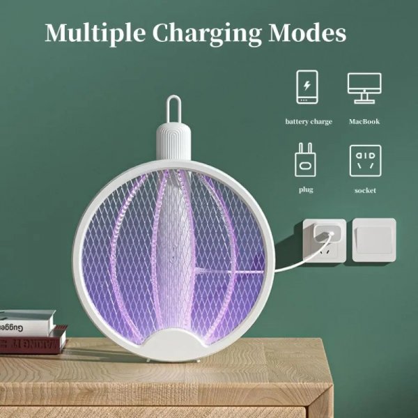 صاعق البعوض والذباب الكهربائي 4 في 1 من هانسو، يقتل البعوض بسرعة وسهولة، شحن USB، عمر بطارية قوي، وضع يدوي وتلقائي، صاعق بعوض قابل للطي،