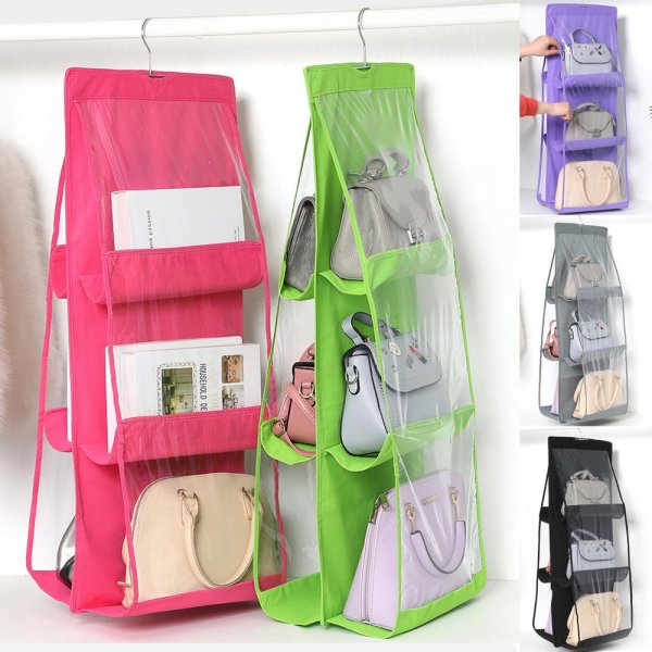 منظم معلق متكون من 3 طبقات لتخزين الحقائب عملي قابل للطي وسهل التنظيف Hanging Purse Organizer