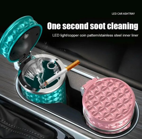 منفضة سجائر سيارة مزينة من الفولاذ المقاوم للصدأ مع ضوء LED