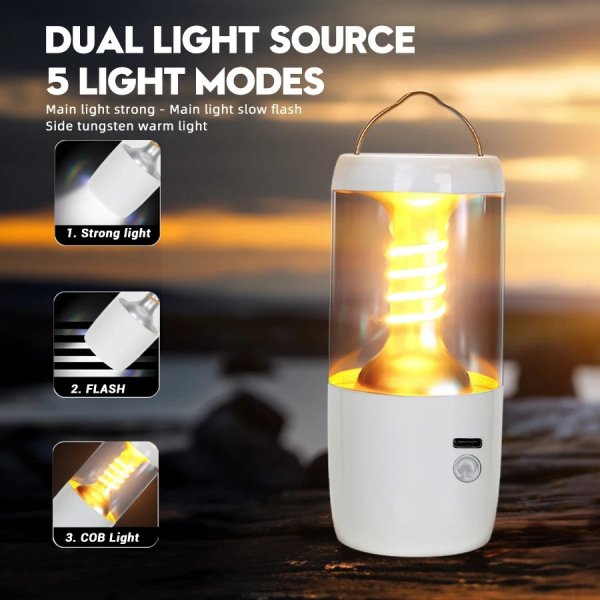 فانوس تخييم 5 LIGHT LED، مصباح قابل لإعادة الشحن من النوع C مع خطاف خلفي