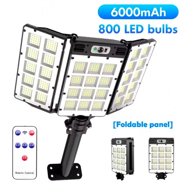 مصباح شارع شمسي 800 LED مستشعر حركة مع جهاز تحكم عن بعد 6000 مللي أمبير