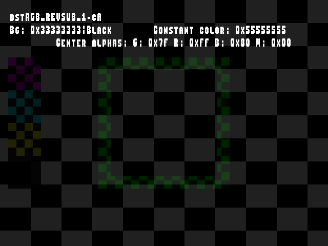 No alpha test result for Blend_tests::dstRGB_REVSUB_1-cA