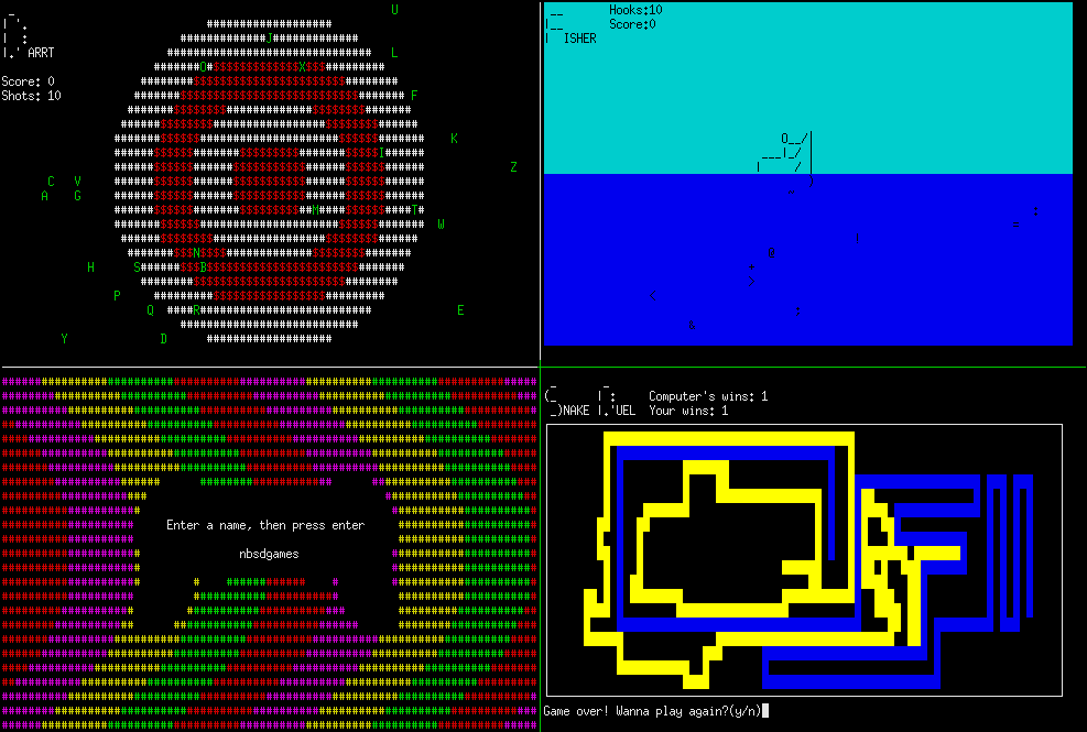 Screenshot from 4 games in tmux