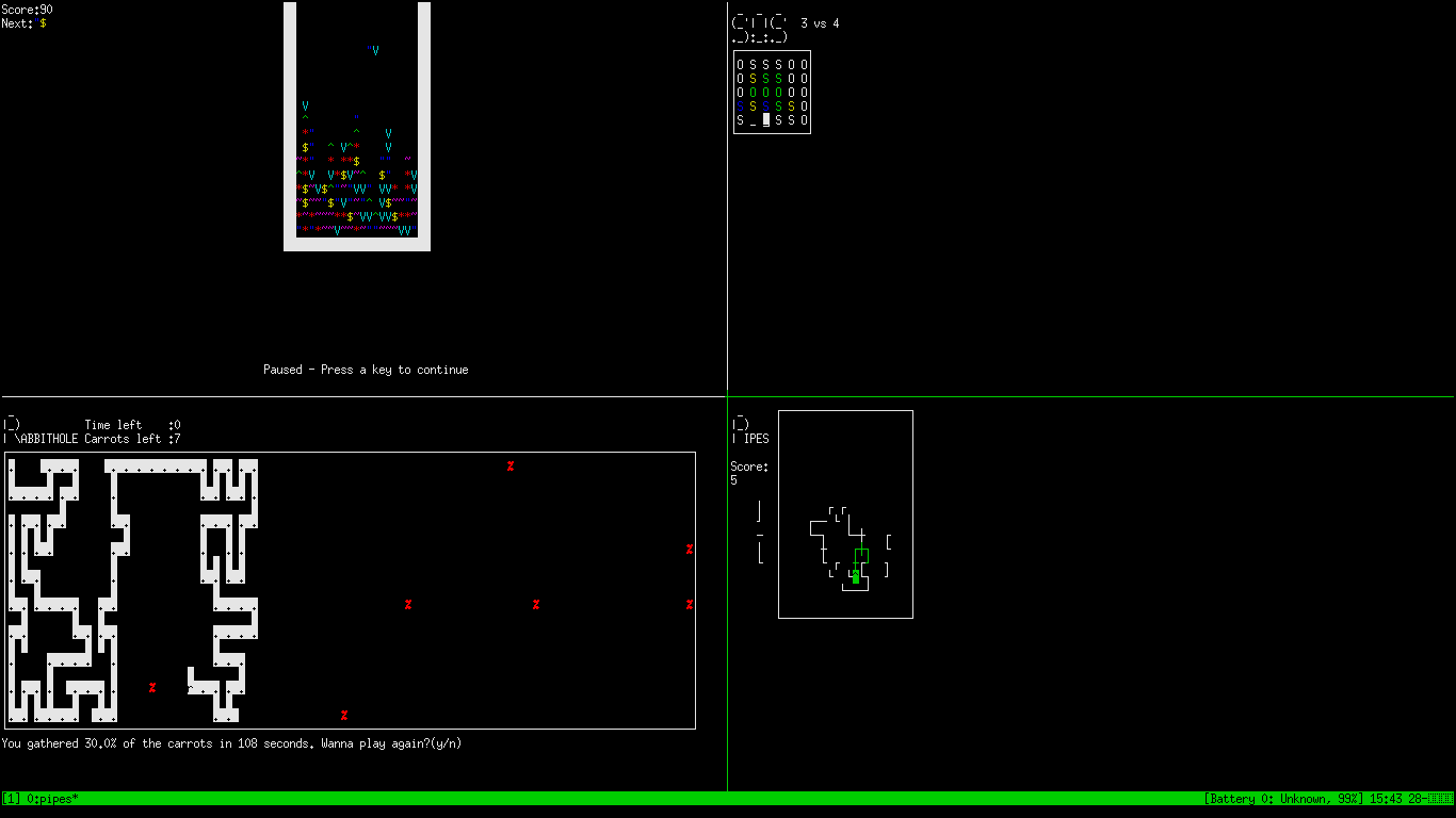 Screenshot from 4 games in tmux