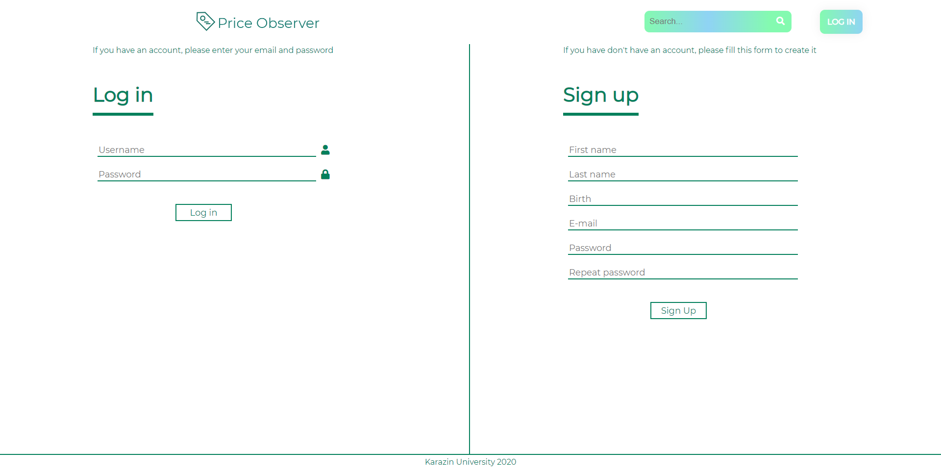 Price Observer Sign-In/Sign-up page