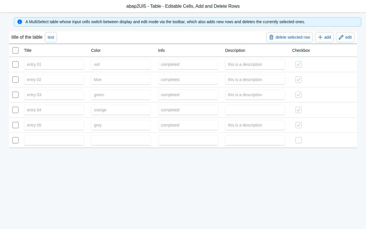 The editable-table sample of abap2UI5/samples, unchanged, in the web-components frontend
