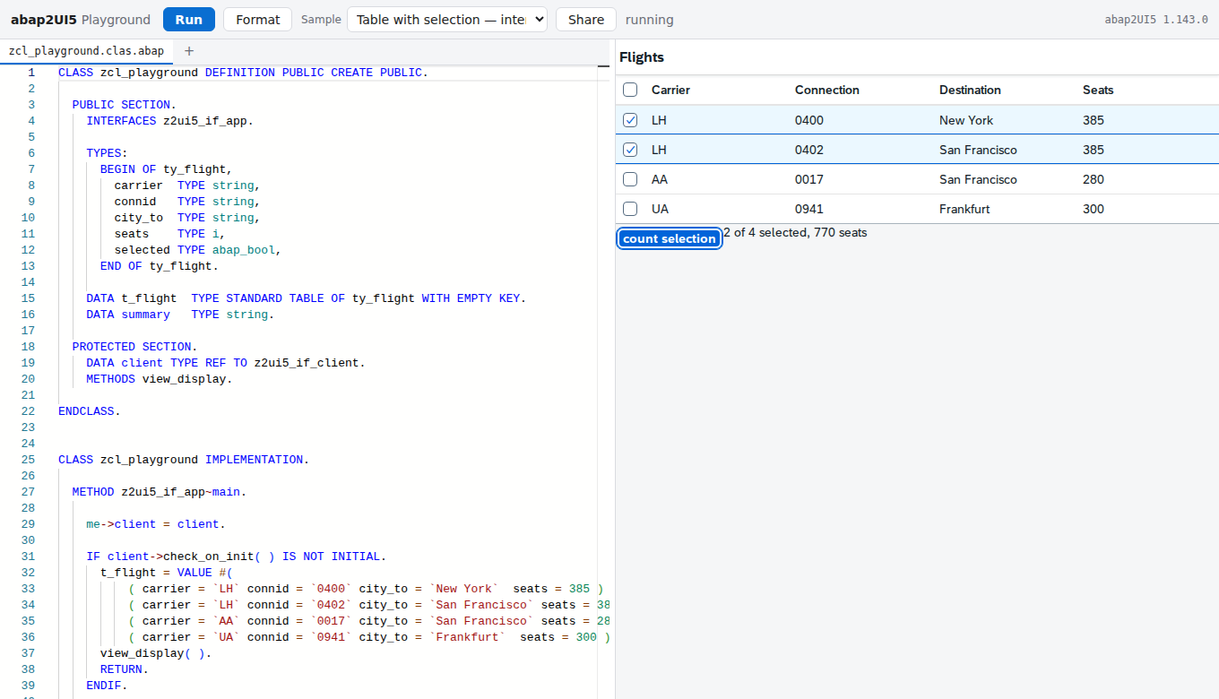 The playground: an ABAP class on the left, the app it produces on the right