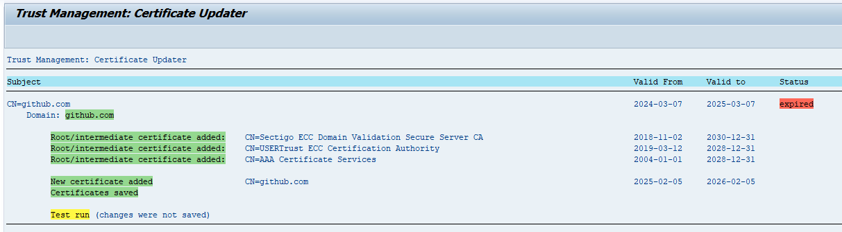 Updater Result with Root Intermediate Certificates