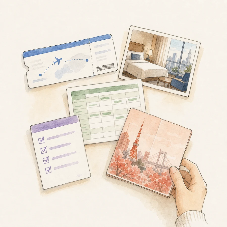 Hand-drawn collection of ordinary travel files